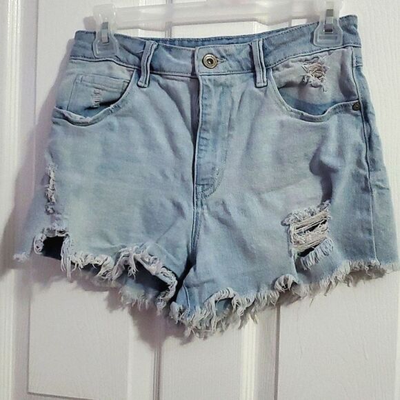 Rewash Light Wash Distressed Fringed High Waist Mom Jean Shorts - Picture 1 of 9
